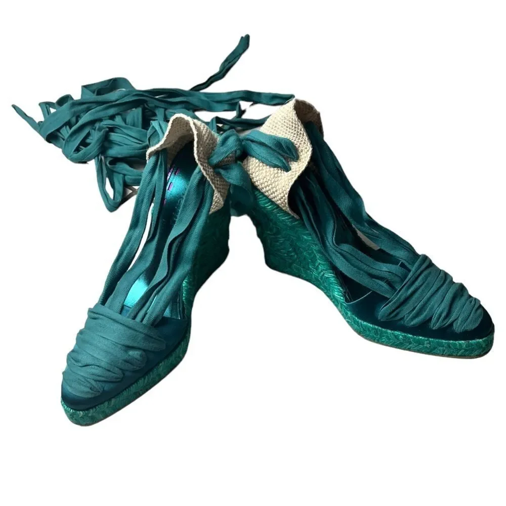 NWOT Emanuel Ungaro FAB Wedge Espadrilles in Teal Silk w/Sexy Lace-Up Design 8